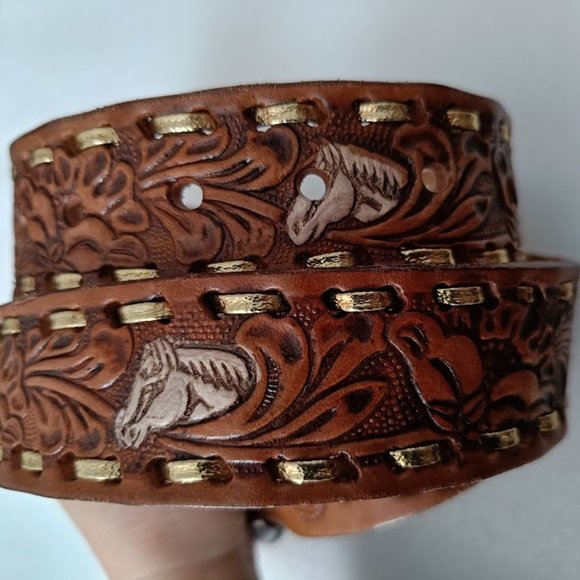 ❤️HP❤️🐎Vintage Brown Leather Belt Cintos Imperial Belt Mexican Horses Design - Picture 2 of 11